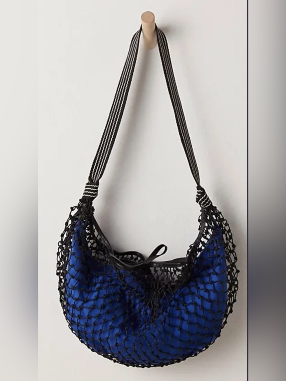 Free People Silver Springs Sling Bag Blue Black Crochet Net NWT